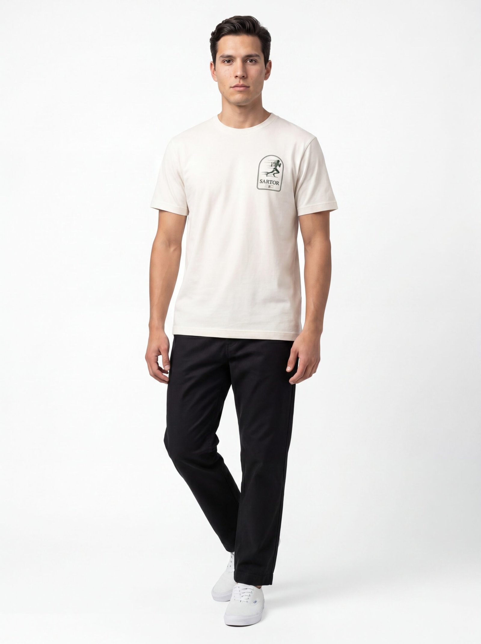 Male model wearing white SARTOR graphic T-shirt