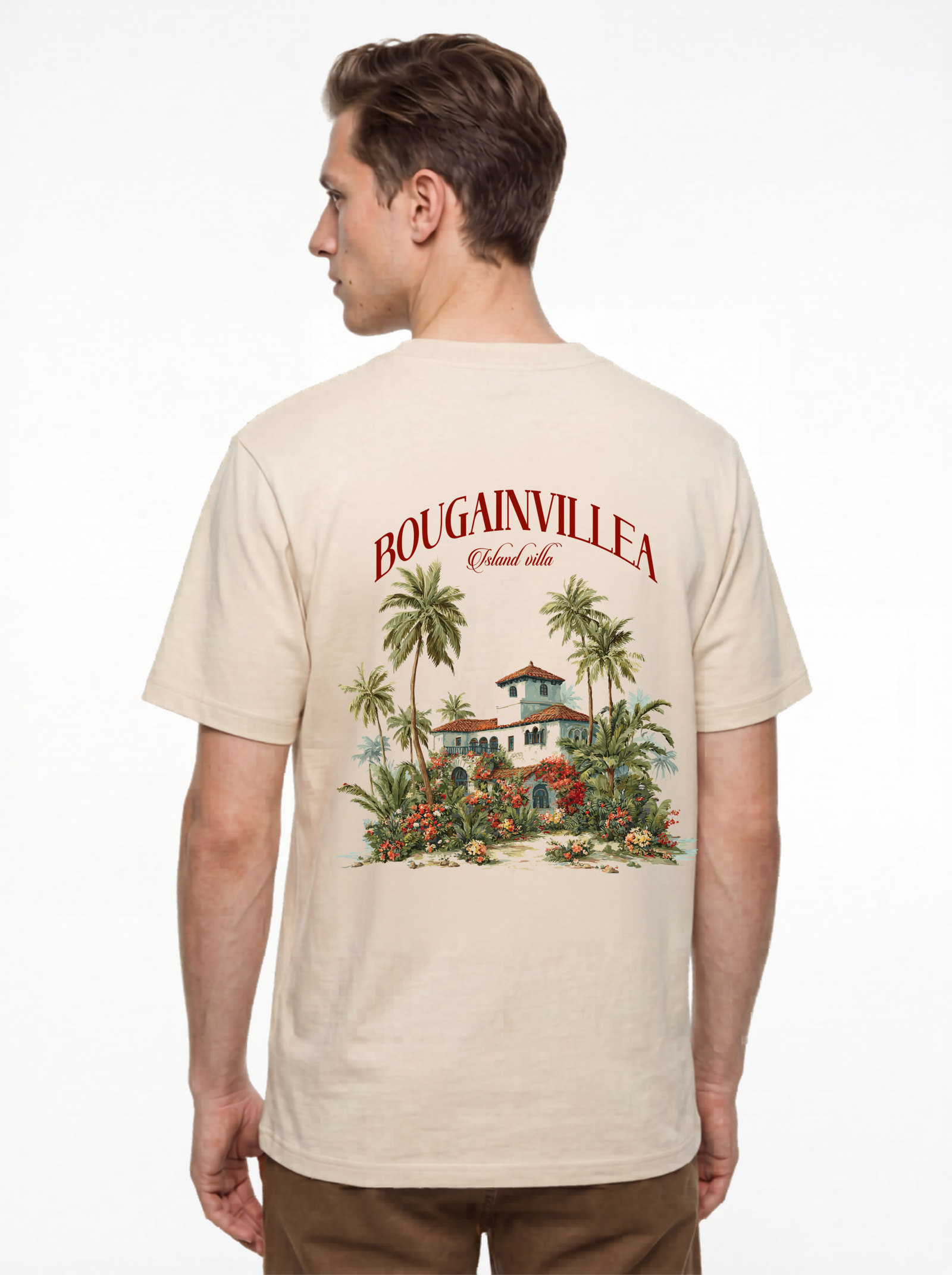 Back view of male model wearing white SARTOR Island Villa T-shirt