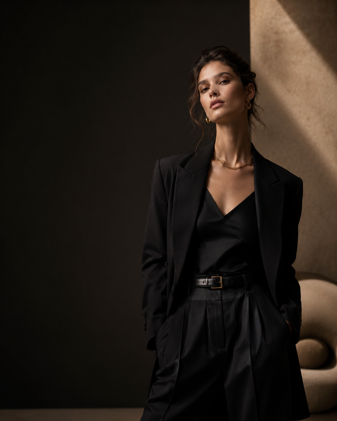 Editorial fashion model in a dark studio campaign setting